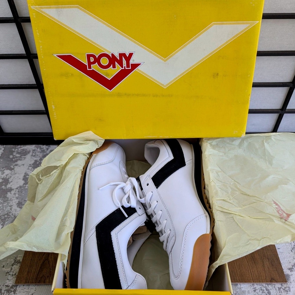 PONY MX '77 Mens Sneakers White Black Leather Low Top Gum Sole Size 11.5 NOS